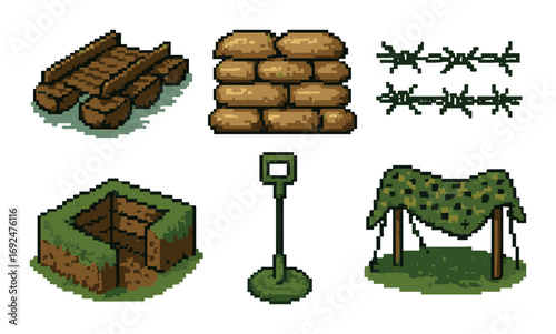 Military items flat icon set. featuring raft, sandbags, barbed wire, trench, metal detector, camo net.
