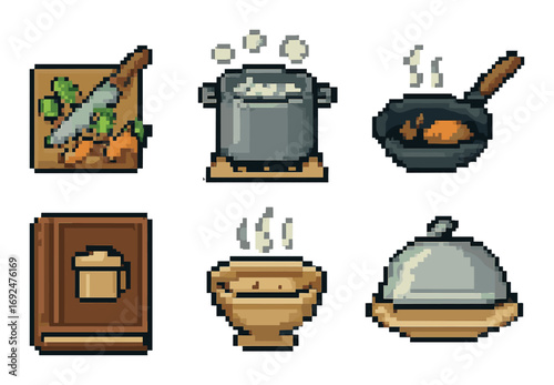 Cooking tools pixel icon set. featuring knife, pot, pan, cookbook, bowl, and cloche symbols.