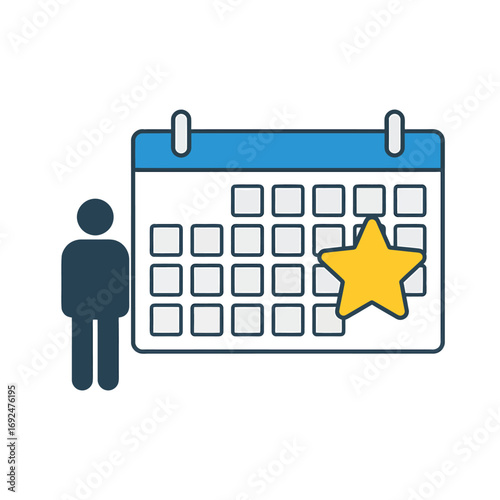 Vector icon of a person with a schedule calendar marking an important event or appointment with a star. Symbol for planning and time management