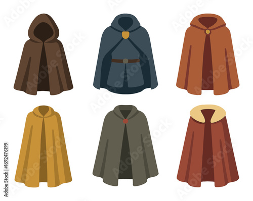 Medieval cloak flat icon set. featuring hooded, wool, leather, elegant, royal, and travel cloaks.