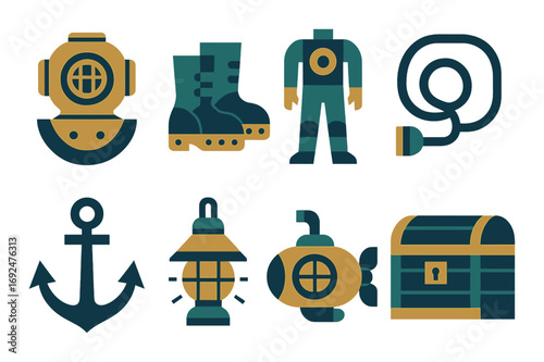 Marine exploration flat icon set. featuring helmet, boots, suit, hose, anchor, lamp, submarine, chest.
