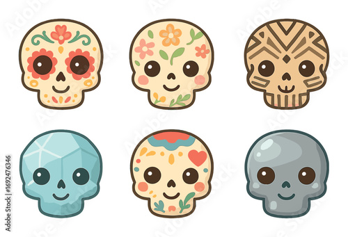 Dia de los muertos flat icon set. featuring skulls with floral, geometric, diamond, and heart designs.