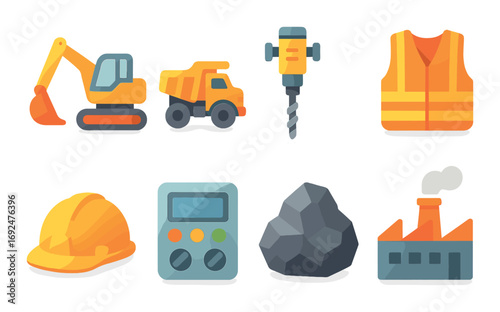 Construction flat icon set. featuring excavator, dump truck, drill, safety vest, helmet, control panel, rock, factory..