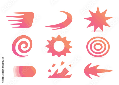 Weather silhouette icon set. featuring wind, crescent, sun, spiral, wave, and flame symbols.