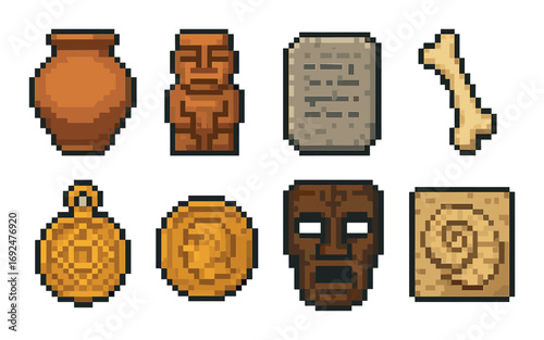 Archaeology pixel icon set. featuring vase, statue, tablet, bone, coin, mask, and spiral symbols.