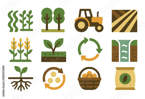 Agriculture flat icon set. featuring crops, trees, tractor, field, corn, seedlings, water cycle, and roots..