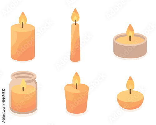 Candles flat icon set. featuring pillar, taper, tealight, votive, jar, and floating candle designs.