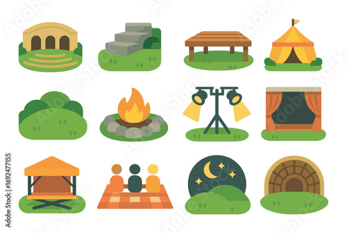 Outdoor events flat icons set. featuring amphitheater, stone steps, picnic table, tent, campfire, spotlight, stage, pavilion, picnic, night sky, tunnel.