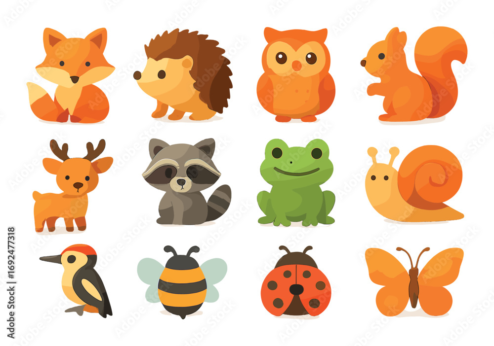 Naklejka premium Nature wildlife silhouette icon set. featuring fox, hedgehog, owl, squirrel, deer, raccoon, frog, snail, bird, bee, ladybug, butterfly.