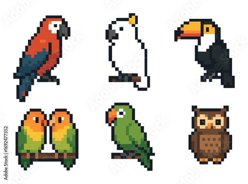 Birds pixel icon set. featuring parrot, cockatoo, toucan, lovebird, and owl symbols.