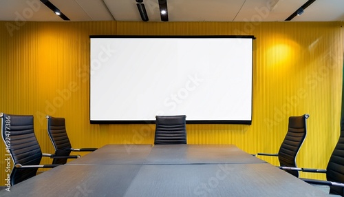 a blank white banner on the yellow wall in a modern conference or meeting room