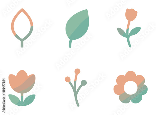 Nature elements flat icon set. featuring leaf, flower, blossom, bud, stem, and petals symbols.