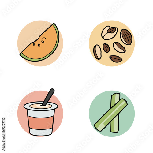 Healthy snack Melon, nuts, yogurt, celery on colored circle backgrounds
