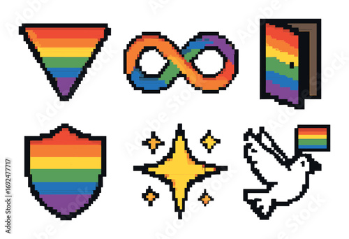 Lgbt+ symbols pixel icon set. featuring triangle, infinity, book, shield, star, dove, and flag designs.