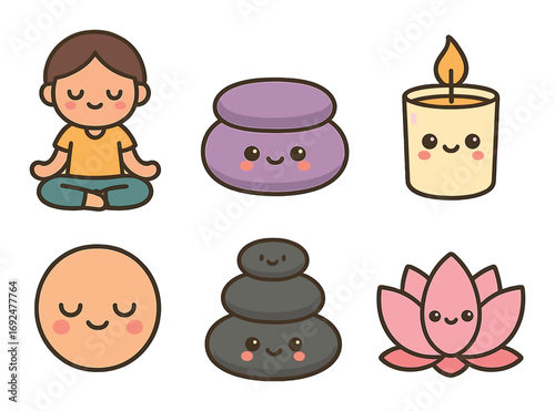 Wellness and relaxation flat icon set. featuring meditation, candle, stones, aromatherapy, and lotus symbols.