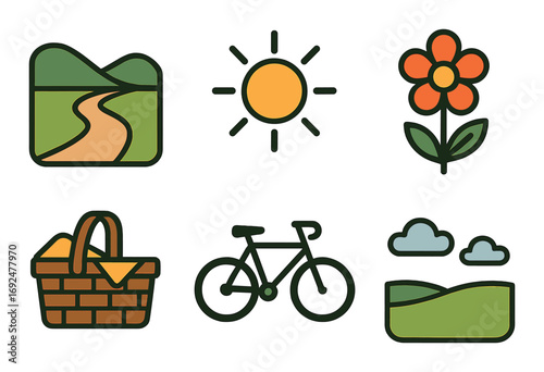 Outdoor activities linear icon set. featuring landscape, sun, flower, picnic, bicycle, and clouds.
