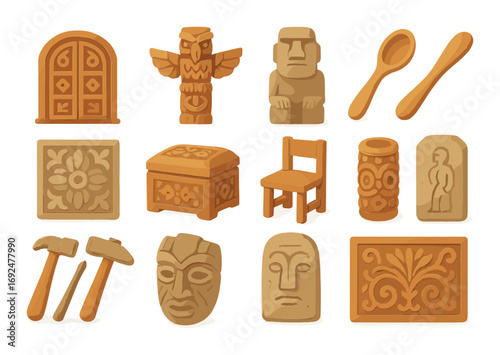 Wooden artifacts flat icon set. featuring owl, statue, spoon, door, flower, box, chair, vase, hammer, mask.