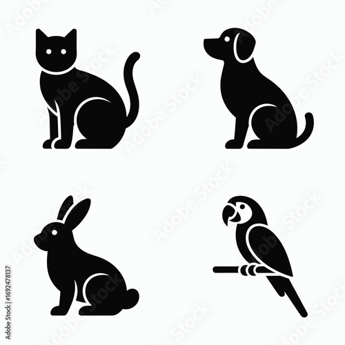 Minimalist black animal silhouettes set cat dog rabbit parrot icons for pet themes silhouette vector illustration white background