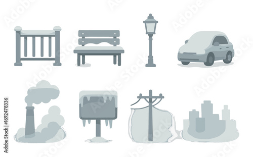 Winter scene silhouette icon set. featuring bench, lamppost, car, smokestack, billboard, and cityscape icons.