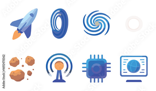 Space exploration linear icon set. featuring rocket, wormhole, galaxy, sun, asteroid, antenna, chip, and internet symbols.