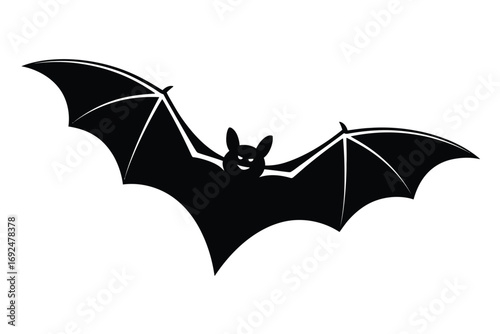 Silhouette of a single bat in mid-flight with outstretched wings silhouette vector illustration white background