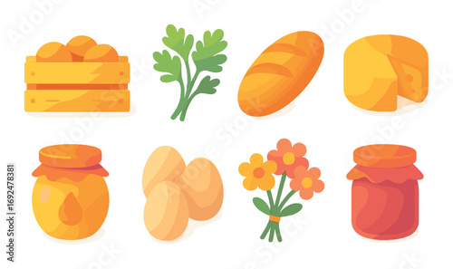 Farm produce flat icon set. featuring vegetables, bread, cheese, honey, eggs, flowers, and jam symbols.