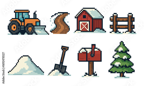 Winter farming pixel icon set. featuring tractor, road, barn, fence, snow pile, shovel, mailbox, tree.