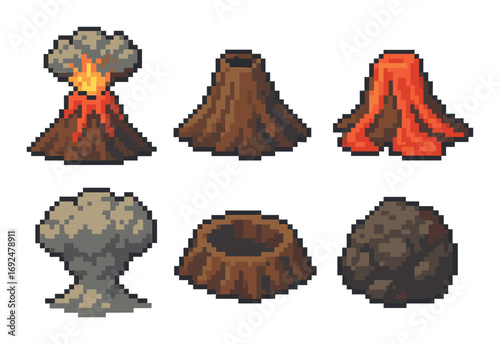 Volcano pixel icon set. featuring erupting, dormant, lava flow, crater, ash, and magma symbols.