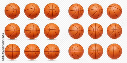 Eighteen realistic orange basketballs with black lines, arranged in a grid pattern on a transparent background, each casting a subtle shadow.