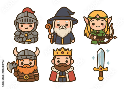 Fantasy characters flat icon set. featuring knight, wizard, elf, viking, king, sword symbols.
