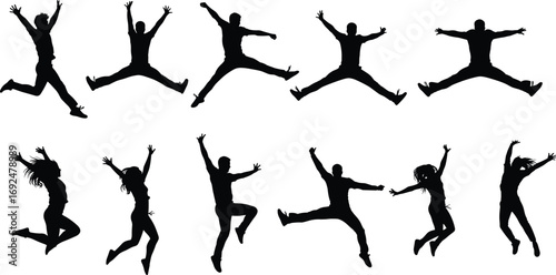 Vector collection of jumping people silhouettes showing various energetic poses, happy men and women celebrating, jumping in different styles.