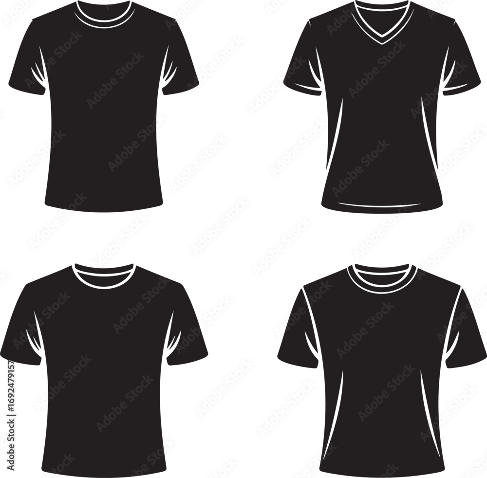 Naklejka premium Black T-Shirt Silhouette Set – Crew Neck, V-Neck, Fitted Styles – Vector Illustration on White Background 
