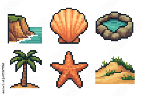 Beach pixel icon set. featuring cliff, shell, well, palm tree, starfish, and dune symbols.
