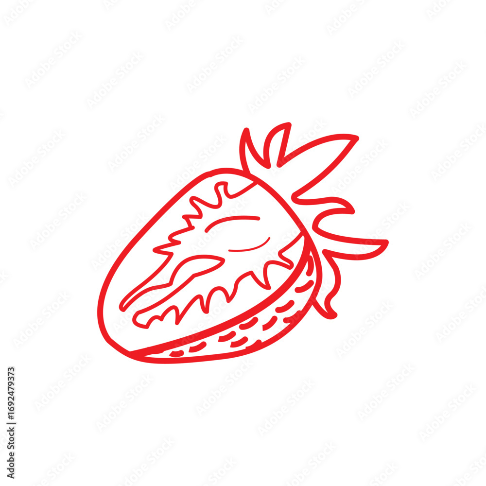Fototapeta premium Simple red strawberry line art illustration with seeds and leaves. Perfect for fruit icon, healthy food design, organic product label, farm logo, and fresh food graphic elements. 