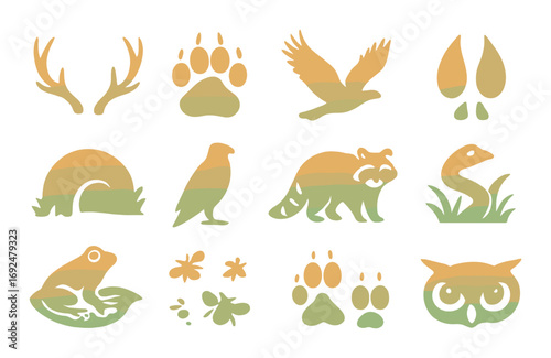 Wildlife animals silhouette icon set. featuring antlers, paw print, bird, hooves, arch, raven, raccoon, snake, frog, paw, owl.