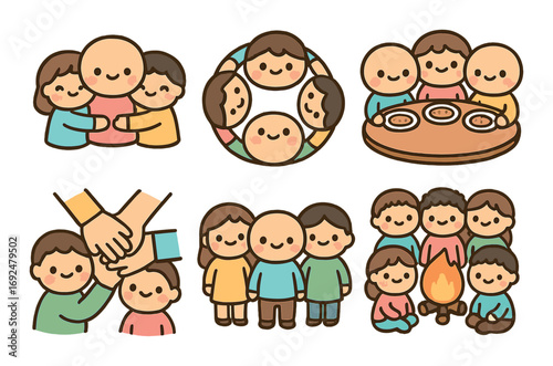 Family activities flat icon set. featuring hugging, teamwork, camping, dining, and support symbols.