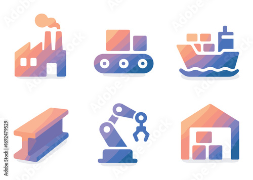 Industry and logistics silhouette icons set. featuring factory, truck, ship, beam, robot arm, warehouse.
