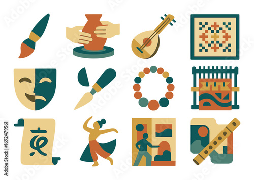 Art and crafts flat icon set. featuring pottery, painting, music, weaving, drama, dance, and carving symbols.