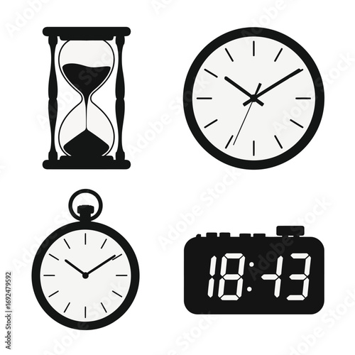 Collection of time measurement icons including hourglass clock and digital display silhouette vector illustration white background