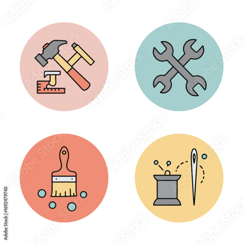 Crafting tools hammer, wrenches, brush, spool