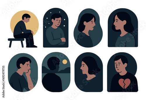 Emotional expression flat icon set. featuring sadness, contemplation, dialogue, heartbreak, and solitude symbols.