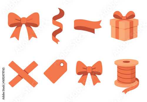 Gift and wrapping silhouette icon set. featuring bow, ribbon, tag, present, spool, and tape symbols.