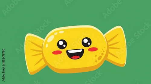 Animated Yellow Candy Character Smiling on Green Background