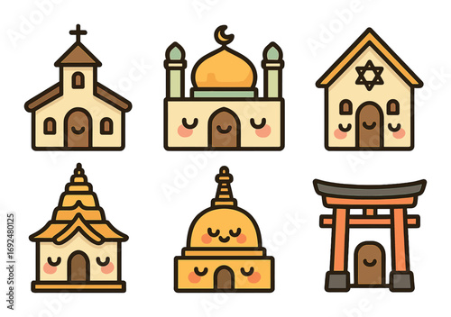 Religious buildings flat icon set. featuring church, mosque, synagogue, pagoda, stupa, torii gate.