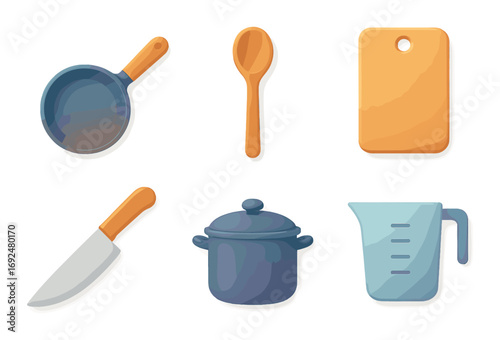 Cooking tools flat icon set. featuring pan, spoon, cutting board, knife, pot, and measuring cup symbols.