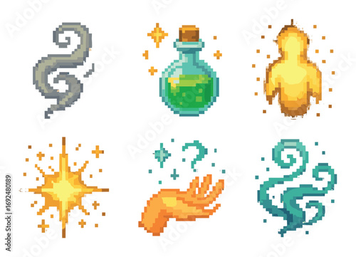 Fantasy pixel art icon set. featuring potion, magic aura, spirit, light burst, hand, and smoke symbols.