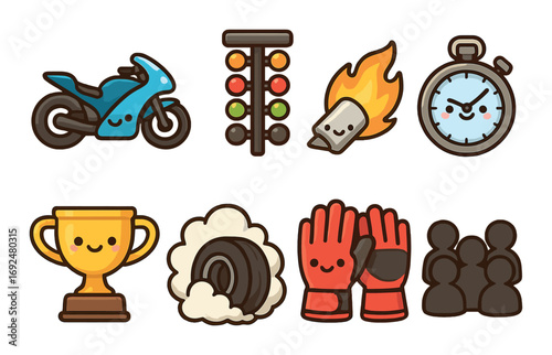 Racing linear icon set. featuring motorcycle, traffic light, helmet, stopwatch, trophy, tire, gloves, team symbols.