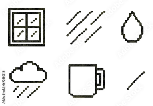 Weather and coffee silhouette icon set. featuring rain, window, drop, mug, cloud, and lines symbols.