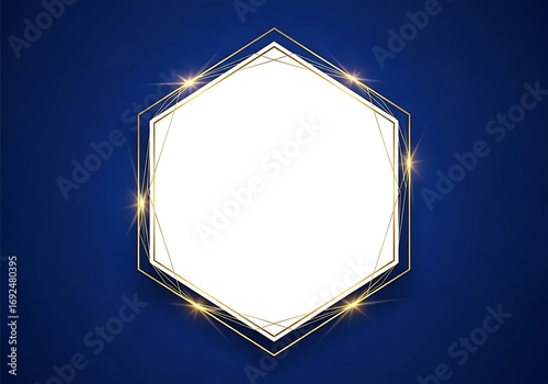 Elegant Gold Hexagon Frame on Deep Blue Background Luxury Design Element