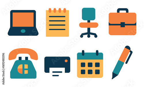 Office equipment flat icon set. featuring laptop, notepad, chair, briefcase, phone, printer, calendar, and pen symbols.
